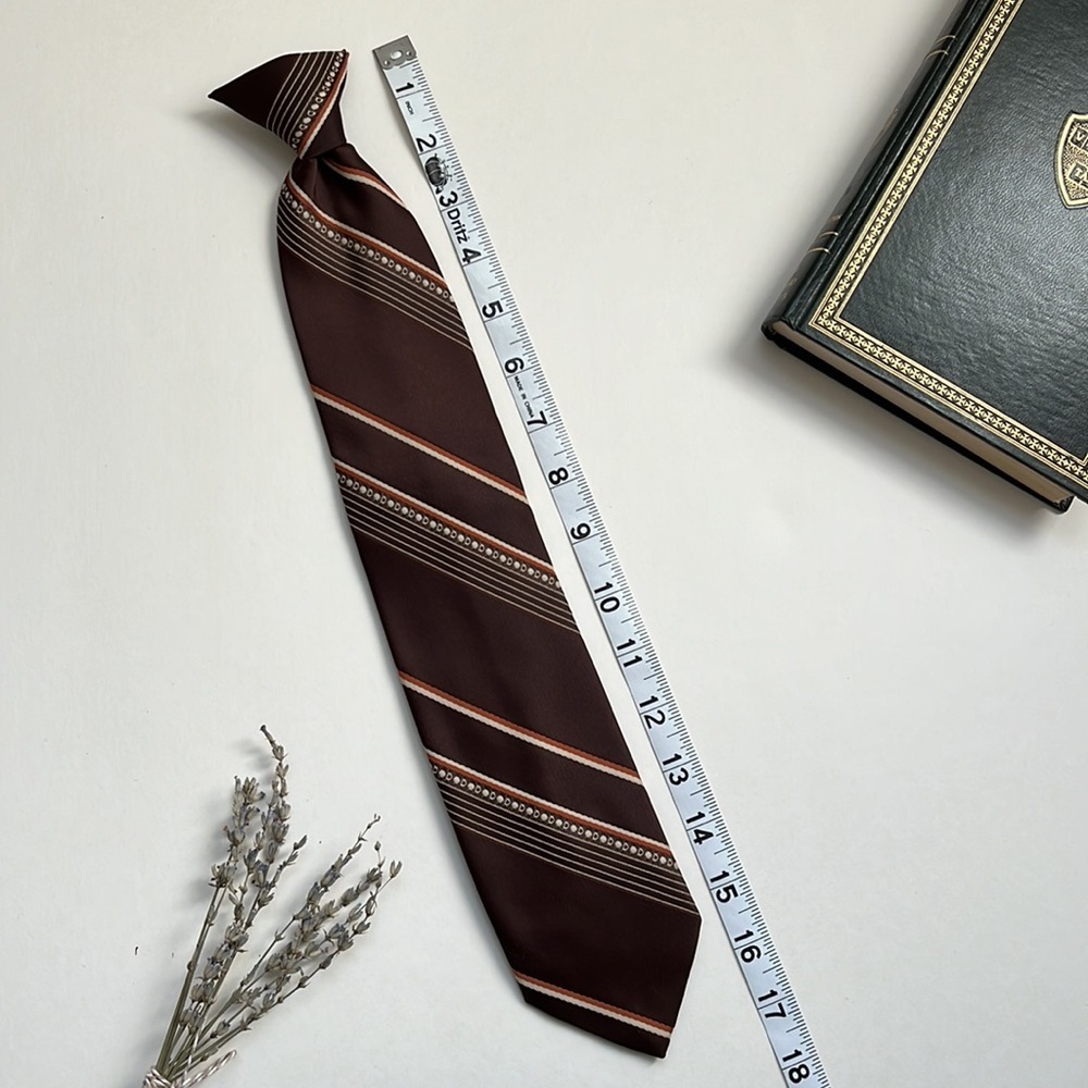 Vintage 70s Sears Clip-On Tie Brown Tan & Orange Stripe Necktie - Picture 8 of 10